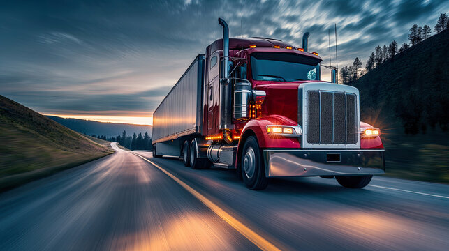 Red semi truck driving a highway at dusk